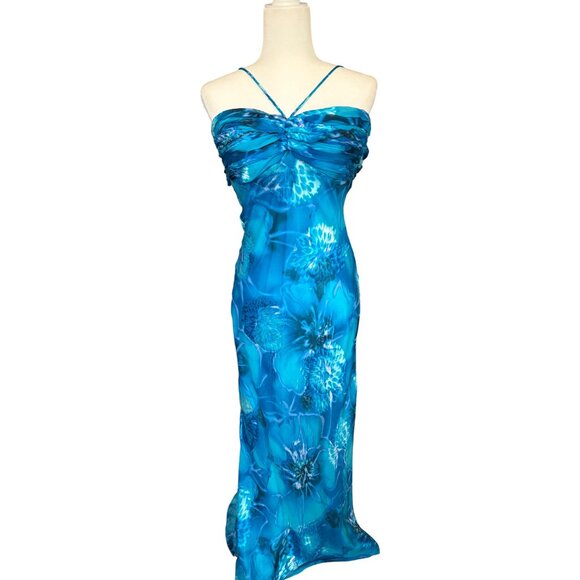 Y2K Vintage Cache Silk Floral Gown dress Blue Criss Cross Halter Size 6 - Picture 5 of 8
